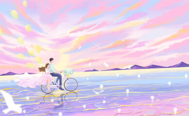 couple on a bicycle in beach with birds