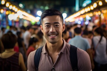 Wall Mural - Close-up portrait photography of a glad boy in his 30s wearing a casual short-sleeve shirt against a lively night market background. With generative AI technology