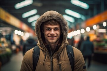 Wall Mural - Medium shot portrait photography of a satisfied boy in his 30s wearing a warm parka against a bustling indoor market background. With generative AI technology