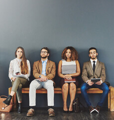Poster - Business people, interview waiting room and recruitment for job while sitting in line. Bored, technology and professional staff with employee diversity and office team for HR hiring on mockup space