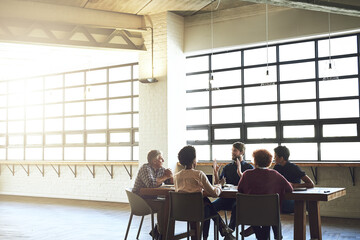 Poster - Meeting, strategy and planning with business people in office for project management, idea and brainstorming. Discussion, teamwork and partnership with group of employees for review and startup