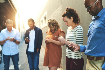 Aufkleber - Social media, technology and phone with creative business people for networking, internet and connection. Communication, contact and search with friends at wall in city for website, online and app