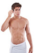 Grooming, portrait and a man plucking eyebrows for hygiene, face care and morning routine. Serious, nude and a naked person with a tweezer for facial hair isolated on a transparent png background