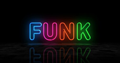 Wall Mural - Funk music neon glowing symbol. Light color bulbs. Funky entertainment retro style  abstract concept 3d animation.