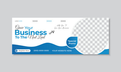 Wall Mural - Professional business facebook cover design template for business promotional purpose and growth with photo place. Modern layout white background and blue abstract shapes and text design.