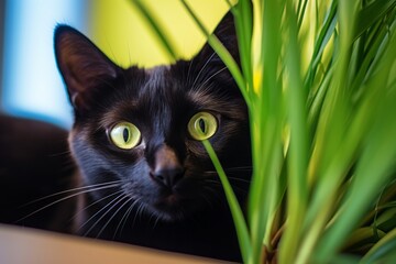 Canvas Print - Medium shot portrait photography of a curious bombay cat investigating against an indoor plant. With generative AI technology