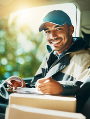 Poster - Writing, delivery and portrait of with man in van for courier, logistics and shipping. Ecommerce, export and distribution with male postman in vehicle for mail, package and cargo shipment