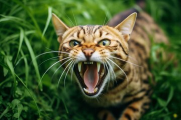 Wall Mural - Lifestyle portrait photography of a happy bengal cat murmur meowing against a lush green lawn. With generative AI technology