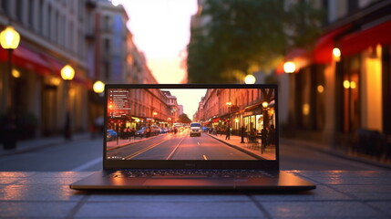 Wall Mural - laptop on street cafe table in evening city blurred light, urban life style ,generated ai
