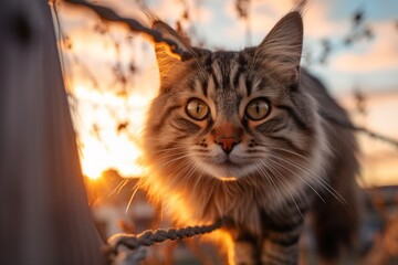 Wall Mural - Medium shot portrait photography of a curious siberian cat climbing against a captivating sunset. With generative AI technology