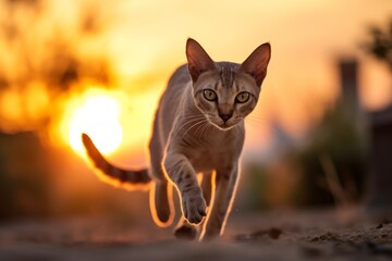 Wall Mural - Medium shot portrait photography of a curious oriental shorthair cat running against a captivating sunset. With generative AI technology