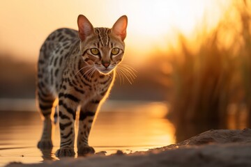 Wall Mural - Full-length portrait photography of a smiling ocicat drinking water against a captivating sunset. With generative AI technology