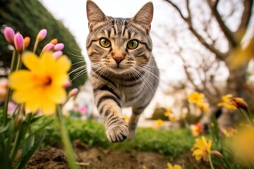 Canvas Print - Headshot portrait photography of a curious american shorthair cat hopping against a blooming spring garden. With generative AI technology