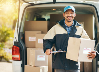 Sticker - Smile, delivery and box with portrait of man at van for courier, logistics and shipping. Ecommerce, export and distribution with male postman in vehicle for mail, package and cargo shipment