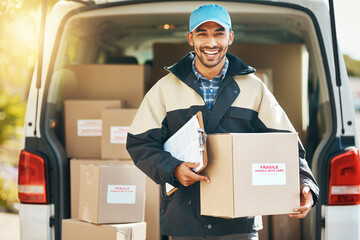 Poster - Portrait, delivery and checklist with man and box for courier, logistics and shipping service. Ecommerce, export and freight distribution with postman in vehicle for mail, package and cargo shipment
