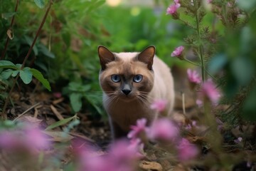 Wall Mural - Medium shot portrait photography of a cute burmese cat exploring against a lush flowerbed. With generative AI technology