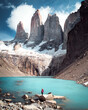 A woman posing on the ice formation of the Torres del Paine, Chile