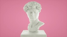 Bust Statue Cut Sliced With Surreal Rotating Movement. Greco Roman Sculpture 3d Model Design. David Michelangelo´s White Head. Modern Conceptual Art, Contemporary Art In Vaporwave Style