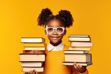 Funny Smiling Black Child School Girl With Glasses Hold Books On Her Head. Yellow Background. AI Generative