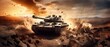 Epic Invasion: Armored Tank Braving a Mine Field Amidst Fiery War Scenes in the Desert - Wide Poster Design with Ample Copy Space, generative ai