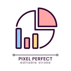 Sticker - Pie chart pixel perfect RGB color icon. Data analysis presentation. Business prediction and forecast. Isolated vector illustration. Simple filled line drawing. Editable stroke. Poppins font used