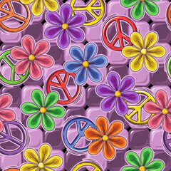 Wall Mural - Seamless pattern with mosaic tiles, peace sign, colorful chamomile flowers. Groovy, hippie, naive style. Good for apparel, fabric, textile, surface design.