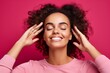 © Markus Schröder - Close-up portrait photography of a grinning girl in her 20s holding the hand on the forehead in a headache gesture against a hot pink background. With generative AI technology