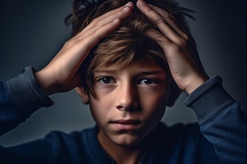 Poster - Close-up portrait photography of a grinning kid male holding the hand on the forehead in a headache gesture against a navy blue background. With generative AI technology