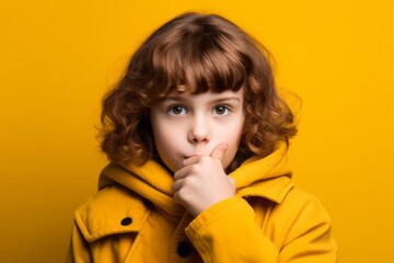 Wall Mural - Headshot portrait photography of a satisfied kid female making a gesture of silence with his finger on his lips. With generative AI technology