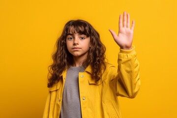 Wall Mural - Headshot portrait photography of a satisfied kid female making a no or stop gesture with the extended palm against a bright yellow background. With generative AI technology