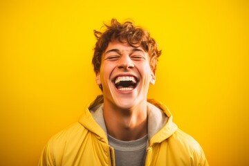 Wall Mural - Medium shot portrait photography of a glad boy in his 20s laughing against a bright yellow background. With generative AI technology