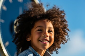 Poster - Close-up portrait photography of a happy kid female looking at the clock against a sky-blue background. With generative AI technology