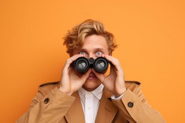 Wall Mural - Headshot portrait photography of a beautiful boy in his 30s imitating the use of binoculars with the hands against a pastel orange background. With generative AI technology