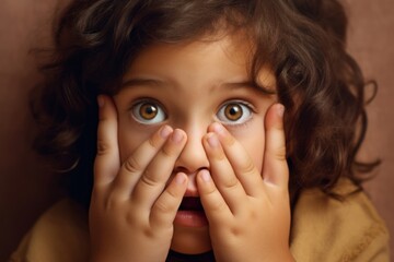 Close-up portrait photography of a glad kid female putting hands on the face in a gesture of terror against a beige background. With generative AI technology