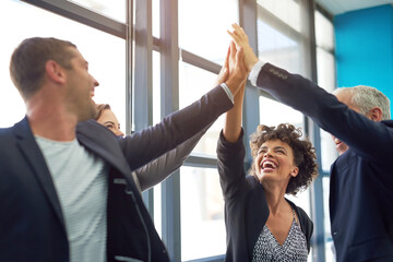 business people, group high five and celebration in office with team, smile and support for company 