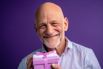 Wall Mural - Close-up portrait photography of a grinning mature man holding a gift against a lilac purple background. With generative AI technology