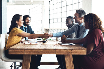 Wall Mural - Business people, handshake and staff deal in meeting with agreement and contract collaboration. Partnership, success and b2b work with shaking hands to welcome and show congratulations from teamwork