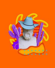 Wall Mural - Cowboy style. Antique statue bust in hat against bright orange background with cactuses. Contemporary art collage.