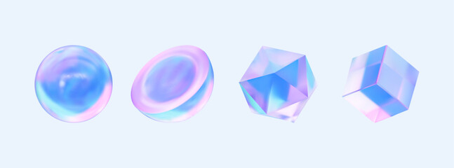 Hologram Geometric Shapes set. Cube, circle, crystal. Modern 3d Holography blue glass  object, futuristic blue  gradient shapes. 3d vector illustration isolated in blue background