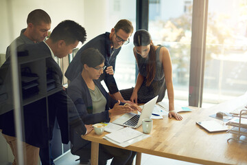 Poster - Business meeting, laptop and group of people with website review, online launch and discussion or teamwork. Corporate, professional or women and men reading, check or planning on computer in office