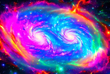 A Cosmic Neon Light Abstract Background, With Swirling Galaxies, Celestial Bodies, And Nebulous Formations