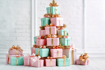 Wall Mural - Mint and pink gift boxes with golden bows on white interior. Generative AI