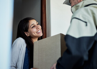 Poster - customer, woman and courier with a box, delivery or happiness with shipping, supply chain or distrib