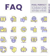 Poster - FAQ pixel perfect RGB color icons set. List of answers and questions. Information base. Isolated vector illustrations. Simple filled line drawings collection. Editable stroke. Poppins font used