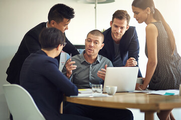 Poster - Business meeting, talking and people or manager in group discussion, project ideas and workflow agenda on computer. Professional man, woman or employees with startup, website marketing and laptop