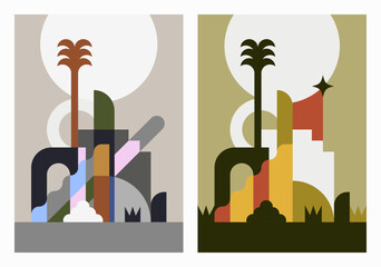 Flat vector illustration of an exotic minimalist landscape with sober and geometric architectural elements, for poster, cover, print, card or wall art.