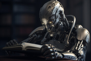  The robot is reading a book. Machine learning.