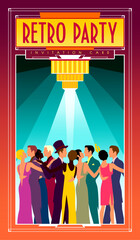 Dancing couples at a party in the style of the early 20th century. Retro party invitation card. Handmade drawing vector illustration. Art Deco style.