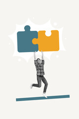 Aufkleber - Collage 3d pinup pop retro sketch image of excited funky guy winning jigsaw game isolated painting background