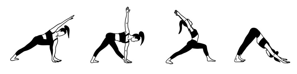 Wall Mural - Flexibility yoga poses collection. Black and white. Female, lady, woman, girl. Meditation, pilates, mental health, training, gym. Vector illustration in cartoon flat style isolated on white background